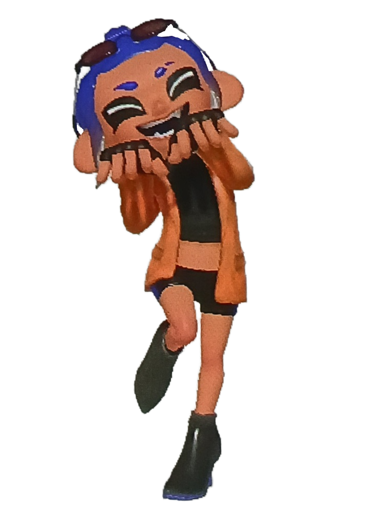 An octoling girl with the ponytail hairstyle wearing Annaki Charms, World Tour Jacket, and World Tour Heels, doing the Bashful Brag emote.